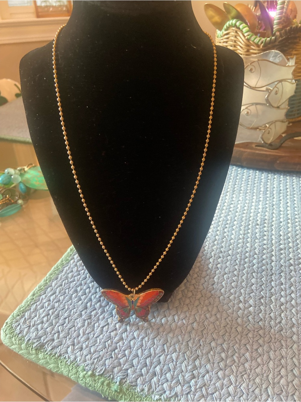 Gold Ball Chain Necklace with Red Butterfly Pendant - Unbranded
